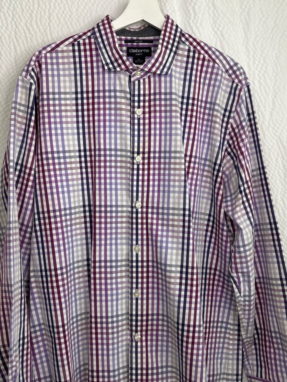 Claiborne Men’s Purple and Navy Plaid Button-Up Shirt